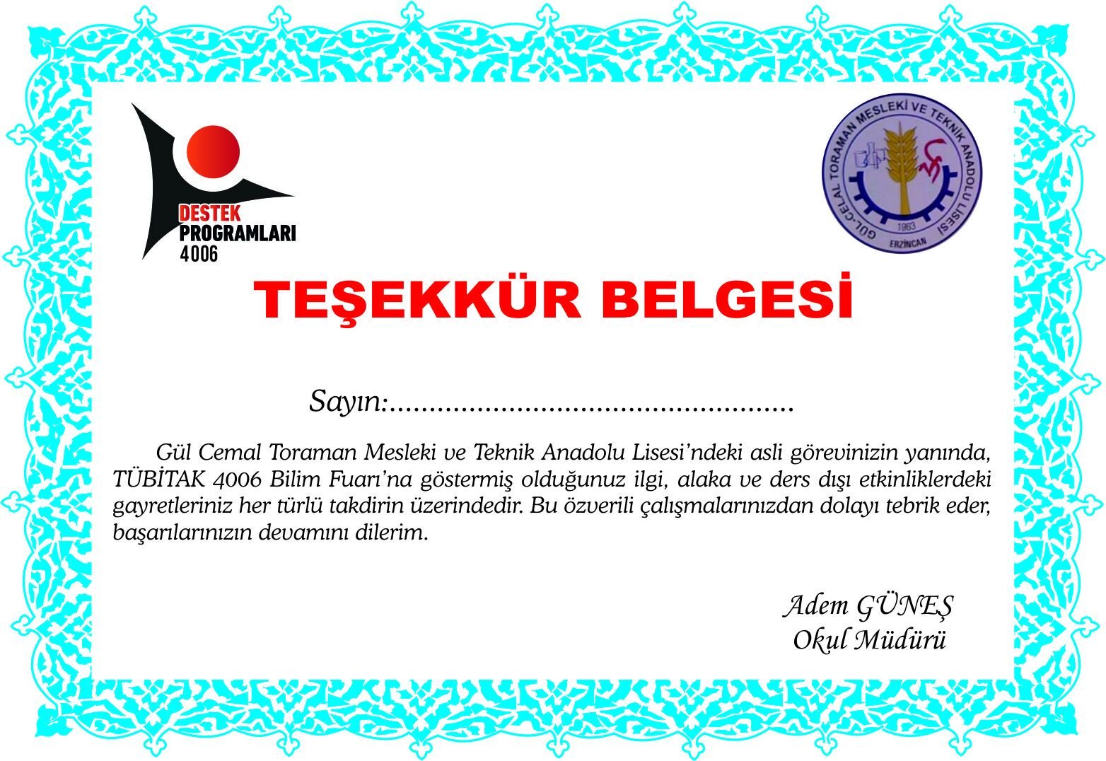 Tübitak 4006 Sertifika TSK01